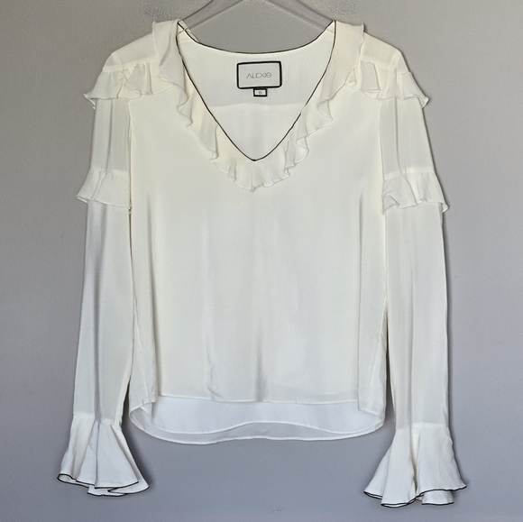Alexis 100% Silk Cream Ruffle V-Neck Women's Long Sleeve Libbie Blouse Top Small - Picture 2 of 11
